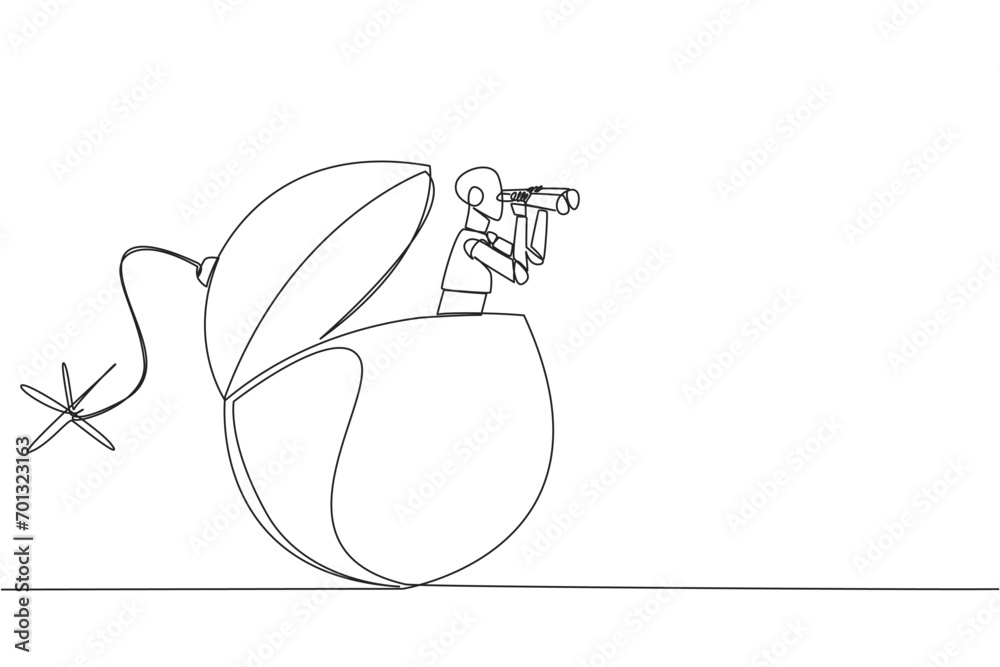 Poster single continuous line drawing a smart robot emerges from bomb with burning fuse looking for somethi