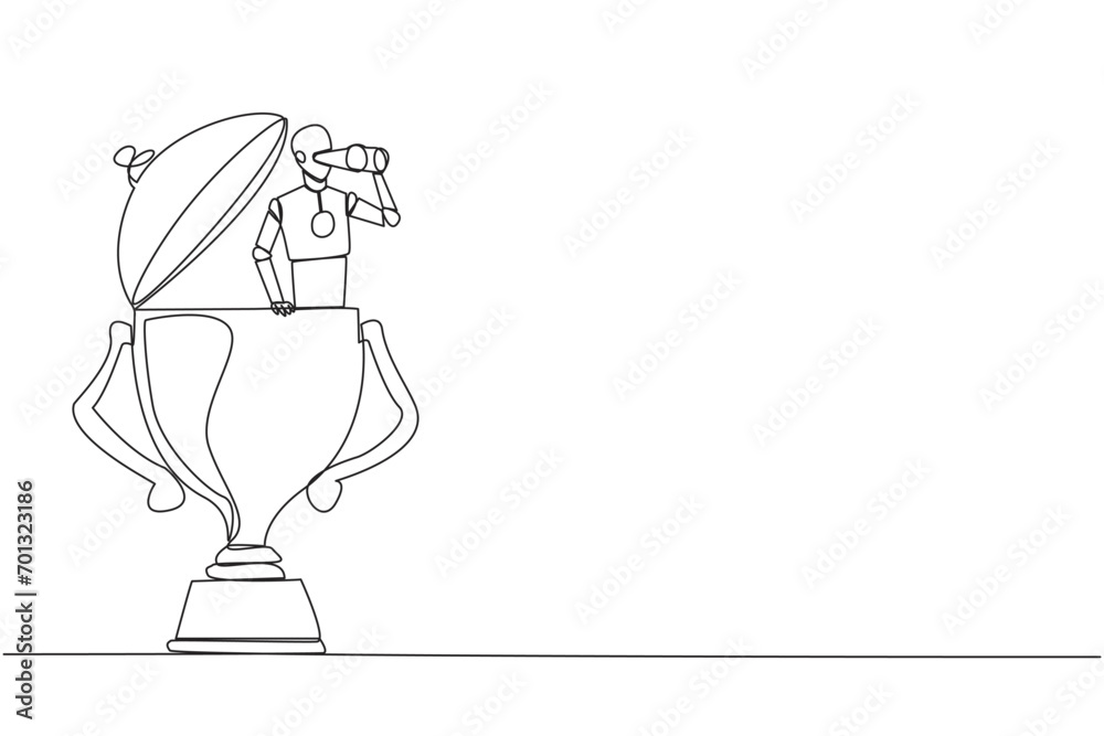 Poster single continuous line drawing a robot emerges from trophy looking for something through binoculars.
