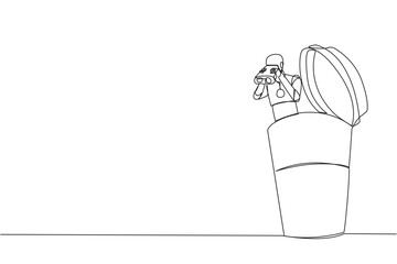 Single one line drawing a smart robot emerges from paper cup looking for something through binoculars. Scan. Analyze how good fast food drinks are. Rating. Continuous line design graphic illustration