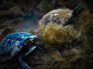 Two turtles feed underwater on the overgrown algae in the clear blue waters of Royal Springs,...
