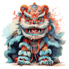 Chinese New Year, Lion dancing watercolor illustration
