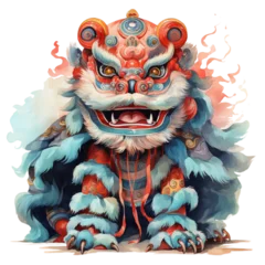 Zelfklevend Fotobehang Aquarel doodshoofd Chinese New Year, Lion dancing watercolor illustration