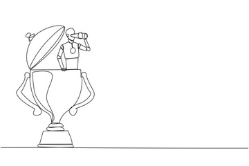Single continuous line drawing a robot emerges from trophy looking for something through binoculars. Scan. Analyze strengths of business rival. Become winner again. One line design vector illustration