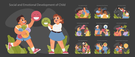 Fototapeta premium Child development set. Kids participating in various educational activities. Stages of emotional growth and social learning. Interactive play, empathy, confidence building. Flat vector illustration