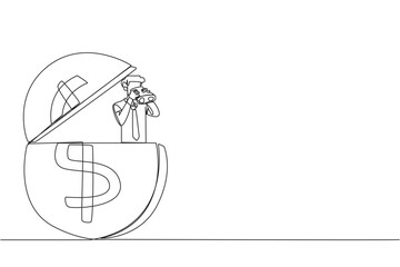 Continuous one line drawing businessman emerges from dollar symbol coin look for something through binoculars. Complete business agreement by getting cash. Single line draw design vector illustration