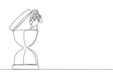 Single continuous line drawing businesswoman coming out of hourglass looking for something through binoculars. Set work rhythm to finish on time. Work smart. One line design vector illustration