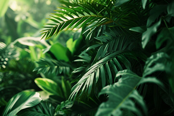 Tropical leaves on blurred background, closeup. Nature background