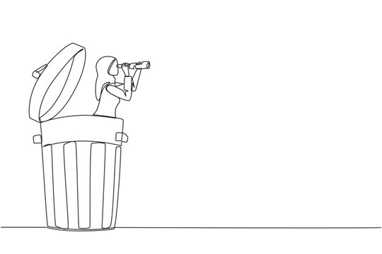 Single one line drawing Arab businesswoman emerges from trash bin look for something with binoculars. Protect environment from unfavorable business effects. Continuous line design graphic illustration