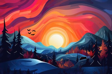 Beautiful landscape with mountains, forest and sunset. Abstract background February 25: Yukon Heritage Day