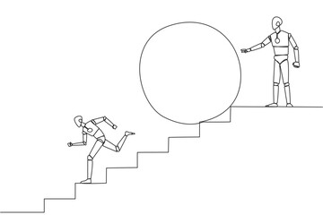 Continuous one line drawing robotic running down stairs avoiding big ball. Attacked by business friends. Traitor in business. Cheating in business. Betray. Single line draw design vector illustration