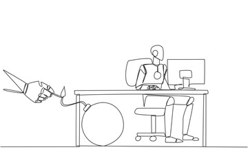 Single one line drawing smart robot typing at a computer desk. Trapped by business partner. A bomb that could explode at any time. Betrayed by a colleague. Continuous line design graphic illustration