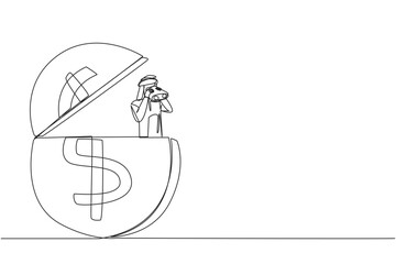 Single one line drawing Arabian businessman pops out of a dollar symbol coin looking for something through binoculars. Save slowly for a calmer old age. Continuous line design graphic illustration