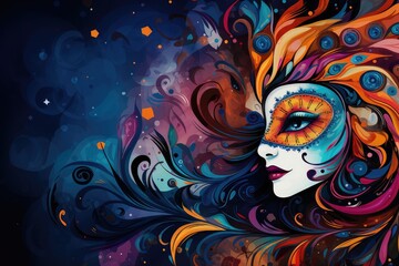 Beautiful girl with fantasy face. Abstract colorful background. Abstract background February 26: Carnival Day or Mardi Gras or Bali Hindu New Year - obrazy, fototapety, plakaty