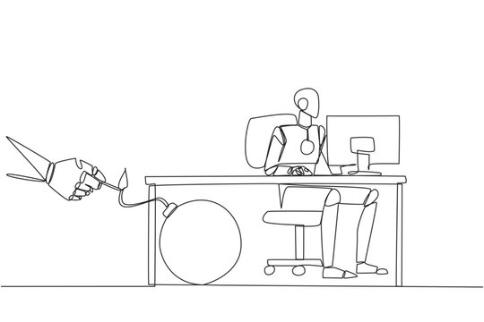 Single one line drawing smart robot typing at a computer desk. Trapped by business partner. A bomb that could explode at any time. Betrayed by a colleague. Continuous line design graphic illustration
