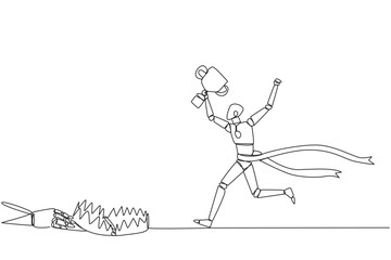 Fototapeta premium Single continuous line drawing smart robot running with trophy. A dangerous business trap. A trap that really brings down a business. Fake friend. Traitor. Rival. One line design vector illustration
