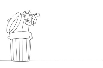 Single continuous line drawing businessman emerges from a trash can looking for something through binoculars. Entrepreneurs are looking for something to scapegoat. One line design vector illustration
