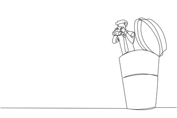 Single one line drawing businessman emerges from a paper cup looking for something through binoculars. Hot tea brought home is a relaxing friend to unwind. Continuous line design graphic illustration