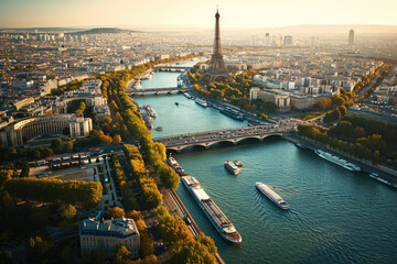 aerial view of The Eiffel tower and river seine, paris - obrazy, fototapety, plakaty