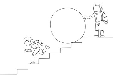 Single continuous line drawing the astronaut running down stairs avoiding big ball. Attacked by business friends. Traitor in business. Cheating in business. Betray. One line design vector illustration