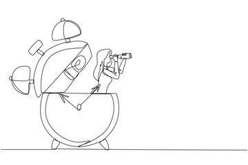 Single continuous line drawing businesswoman out of alarm clock looking for something through binoculars. Provide tight deadlines for presentations. Responsibility. One line design vector illustration