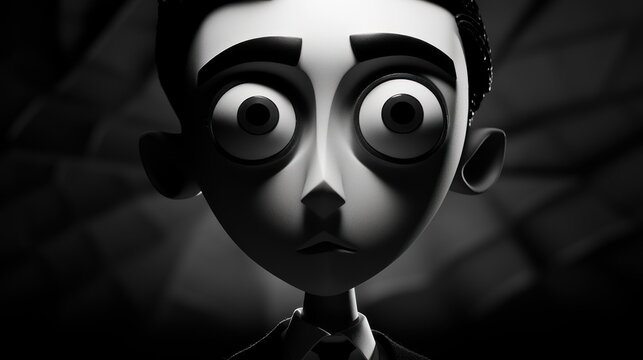  a black and white photo of a man with a creepy look on his face, with eyes wide open, in front of a black background.