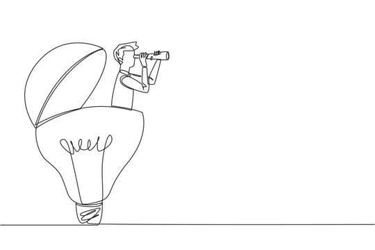 recommend clip art: Continuous one line drawing businessman emerges from lightbulb look for something through binoculars. Selection of bright ideas to develop new businesses. Single line draw design vector illustration