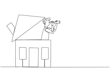Fototapeta na wymiar Single one line drawing businessman appears out of miniature house look for something through binoculars. Search ends. Most beautiful place in retirement. Continuous line design graphic illustration
