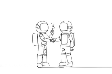 Single continuous line drawing two astronauts shaking hands. One of them has two faces. Full of falsehood. Fake friend. Worst teamwork. Business betrayal. Traitor. One line design vector illustration