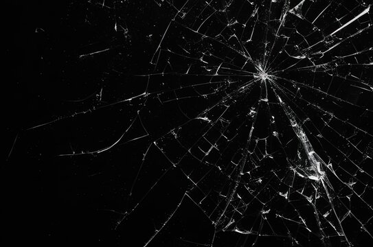 Photo of broken glass on a black background, cracks. © Romaboy