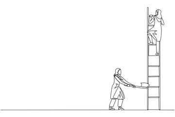Single continuous line drawing Arab businesswoman climbs ladder to achieve expected reward. Destroyed silently. Business failed to develop. Destroyed by traitors. One line design vector illustration