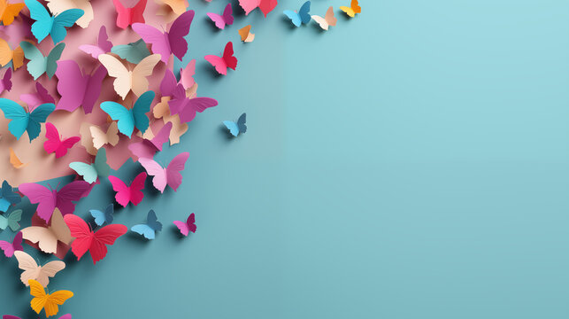 Multicolored Paper Backdrop With Origami Butterflies Representing Zero Discrimination Day Blank Area Tor Message Copy space Image Place Tor adding Text Or Design, Generative Ai