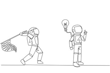 Continuous one line drawing astronaut who comes up with an idea. A brilliant idea that will be stolen by a business partner. Cheating in business. Betrayal. Single line draw design vector illustration