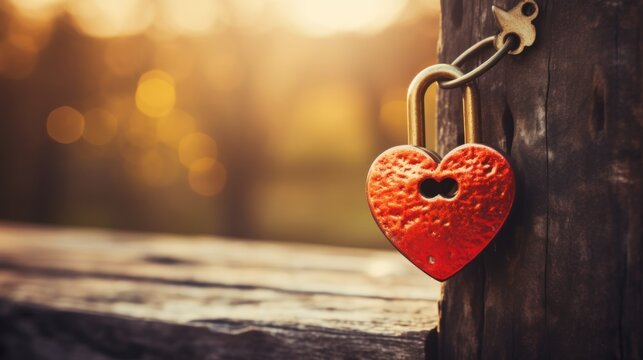  a red heart shaped padlock attached to a wooden post with a key hanging from the end of the padlock.