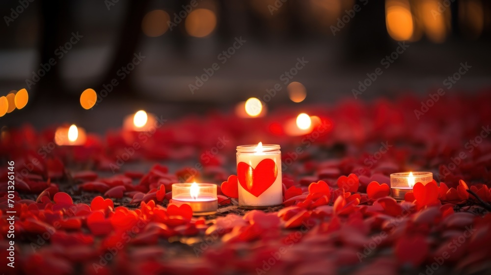 Canvas Prints  a couple of candles sitting on top of a bed of rose petals with a heart shaped candle in the middle.