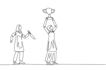 Single continuous line drawing Arab businesswoman stands lifting trophy. Business friends prepare to stab in the back. Unhealthy business competition. The traitor. One line design vector illustration
