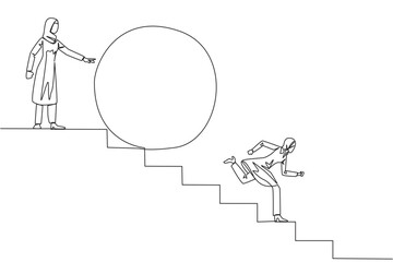 Single continuous line drawing Arabian businesswoman running down stairs avoiding the big ball. Attacked by business friend. Traitor in business. Cheating. Betray. One line design vector illustration