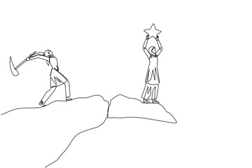 Single one line drawing Arabian businesswoman standing on edge of cliff holding up a star. Hypocrite partner want to destroy the achievement. The traitor. Continuous line design graphic illustration
