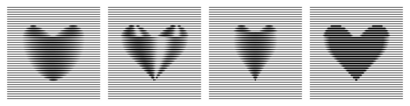 A set of hearts with halftone lines hologram effect. Abstract minimalist vector illustration in 2000s Y2K style. A love symbol.