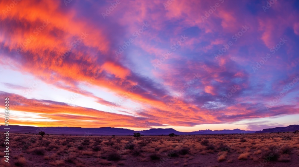 Wall mural a sunset in the middle of the desert with clouds in the sky and a few trees in the foreground.