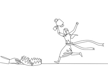 Single one line drawing Arab businessman running with trophy. Dangerous business trap. Trap that really brings down business. Fake friend. Traitor. Rival. Continuous line design graphic illustration