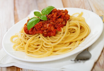 Spaghetti Bolognese on white plate