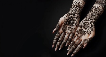 Mehndi hand paint on black background, generative ai