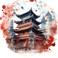 Pagoda watercolor illustration - Asia, Japan, China
