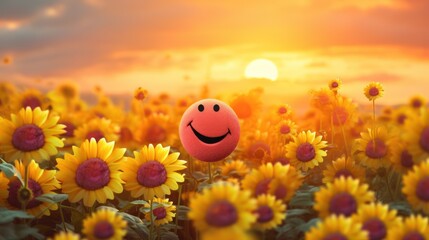 a smiley face ball in the middle of a field of sunflowers with the sun setting in the background.