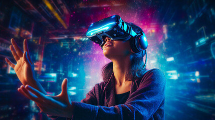 Young woman with virtual reality googles in a futuristic space, VR, science, technlogy  - obrazy, fototapety, plakaty