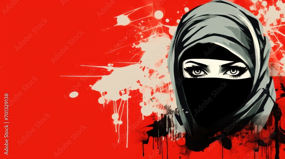 Poster  a woman's face with a black veil on her head and a red background with white splatters.