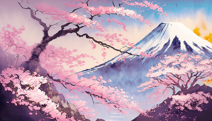 富士山と桜吹雪 - obrazy, fototapety, plakaty