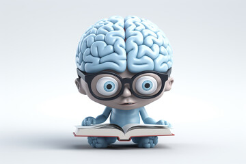 Cute Smart Brain Reading A Book 3D illustration white background