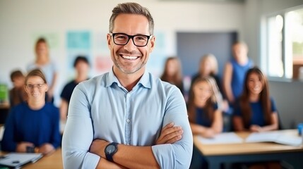 Portrait of smiling male teacher in a class looking at camera with learning students on background