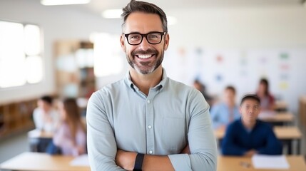 Fototapeta premium Portrait of smiling male teacher in a class looking at camera with learning students on background